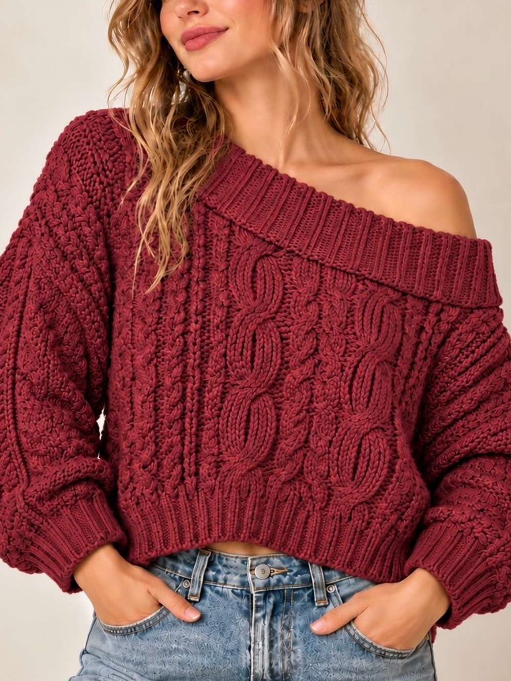 Anthropologie Melissa Cable Knit Off Shoulder Cropped Sweater S Burgundy
